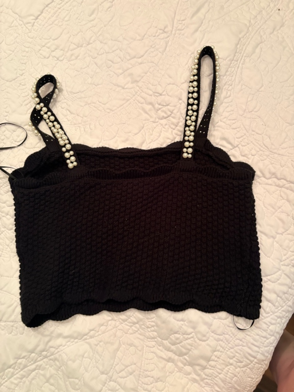 House of Harlow 1960 Black Knit Pearl-Embellished Crop Top